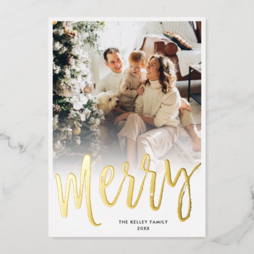 Merry Brush Script Minimalist Vertical Photo Real Foil Holiday Card