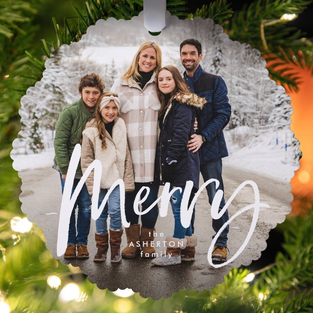 Merry brush script two photo red Christmas Ornament Card (Creator Uploaded)