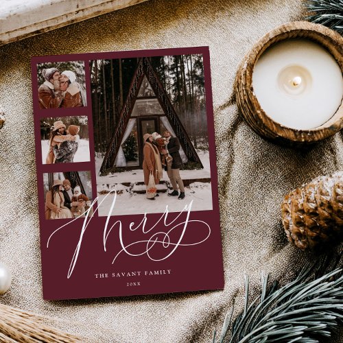 Merry Burgundy Multi Photo Collage Christmas Card