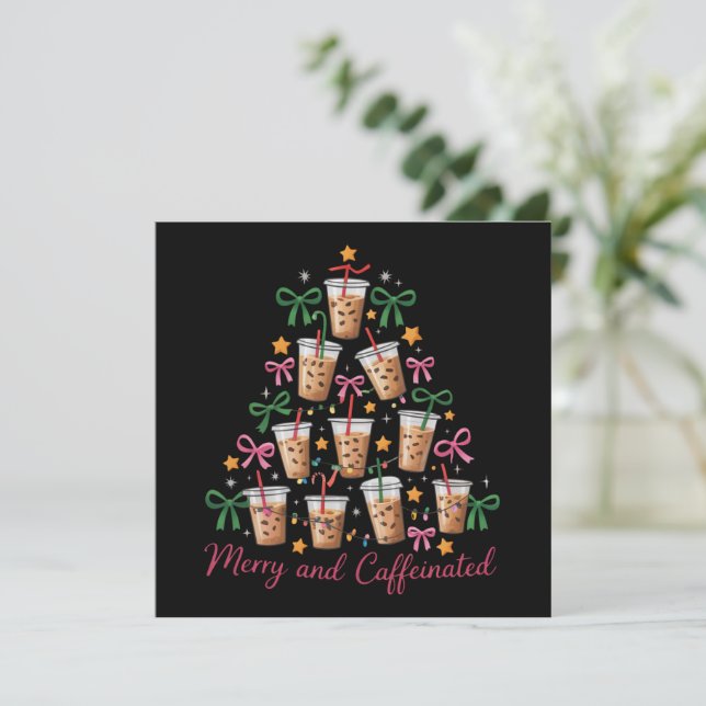 Merry & Caffeinated Xmas Coquette Coffee Latte Holiday Card (Standing Front)