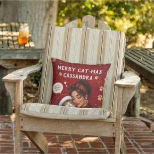 Merry Cat-Mas Crimson Christmas Photo Name Messag Outdoor Pillow