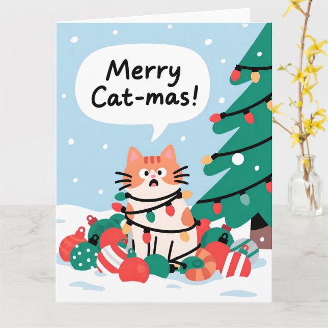 Merry Cat-Mas Cute Funny Cat Christmas Card (Yellow Flower)