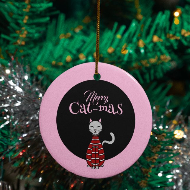 Merry Cat-Mas Pink/Black Christmas  Ceramic Ornament (Creator Uploaded)