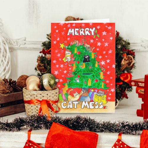 Merry Cat Mess greeting card by Nicole Janes