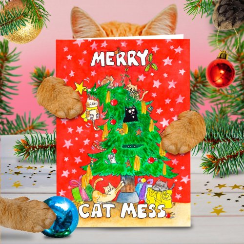 Merry Cat Mess greeting card by Nicole Janes