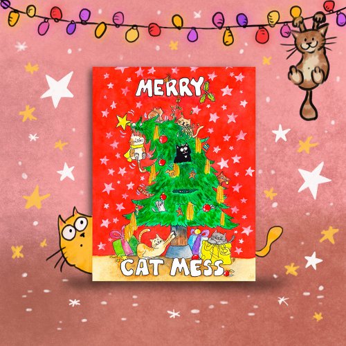 Merry Cat Mess postcard by Nicole Janes