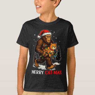Merry Catmas Bigfoot And Lights Santa Hat Funny Ca T-Shirt