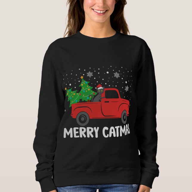 Merry Catmas Black Cat and Christmas Tree Red Truc Sweatshirt (Front)