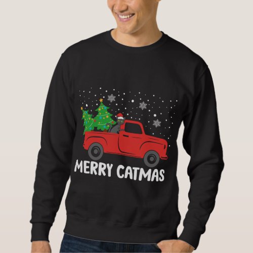 Merry Catmas Black Cat and Christmas Tree Red Truc Sweatshirt