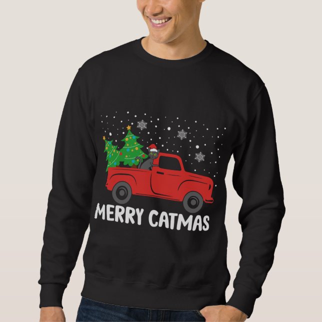 Merry Catmas Black Cat and Christmas Tree Red Truc Sweatshirt (Front)