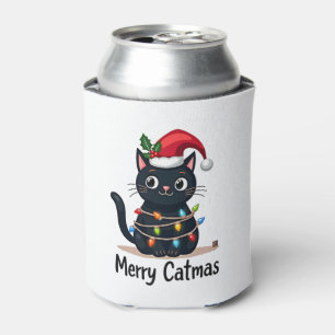 Merry Catmas Black Cat Christmas Light Xmas Family Can Cooler