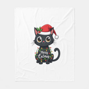 Merry Catmas Black Cat Christmas Light Xmas Family Fleece Blanket