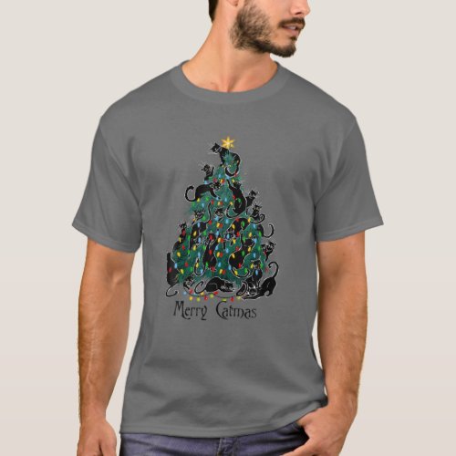 Merry Catmas Black Cat Lover Christmas Tree Light T_Shirt