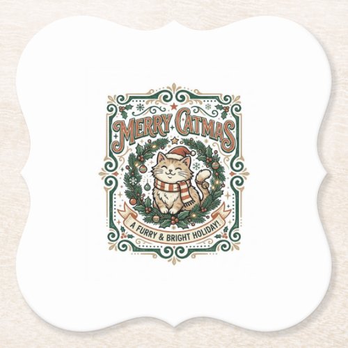 Merry Catmas Cat Christmas Vintage Vector Art Shir Paper Coaster