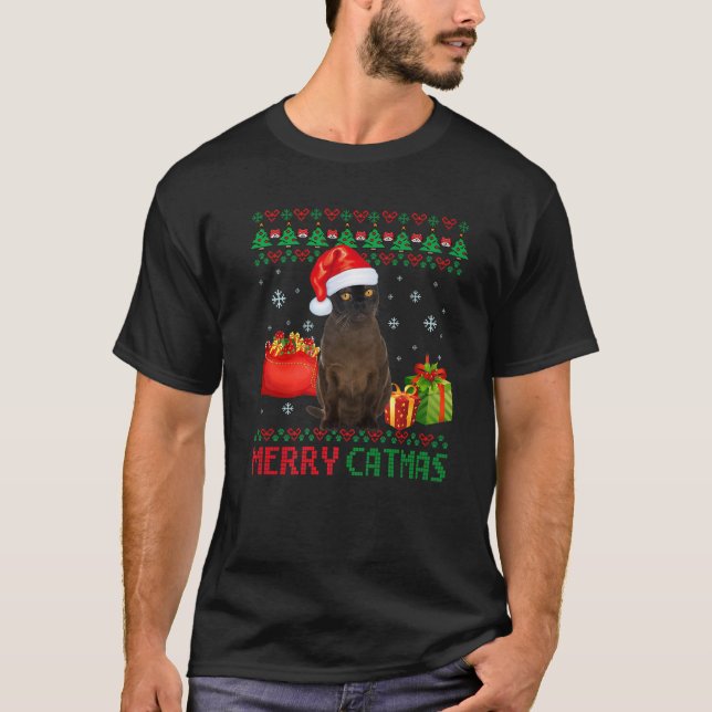 Merry Catmas Cat Ugly Christmas Bombay Mom Dad T-Shirt (Front)