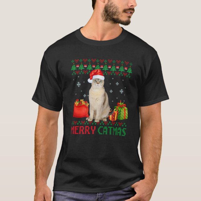 Merry Catmas Cat Ugly Christmas Burmilla Mom Dad T-Shirt (Front)