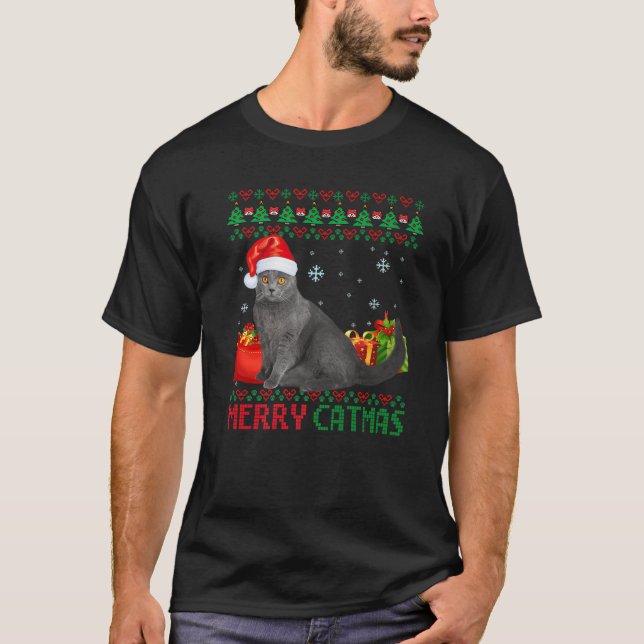 Merry Catmas Cat Ugly Christmas Chartreux Mom Dad T-Shirt (Front)