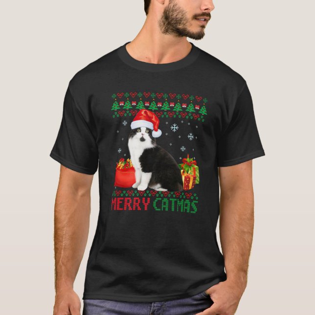 Merry Catmas Cat Ugly Christmas Cymric Mom Dad T-Shirt (Front)