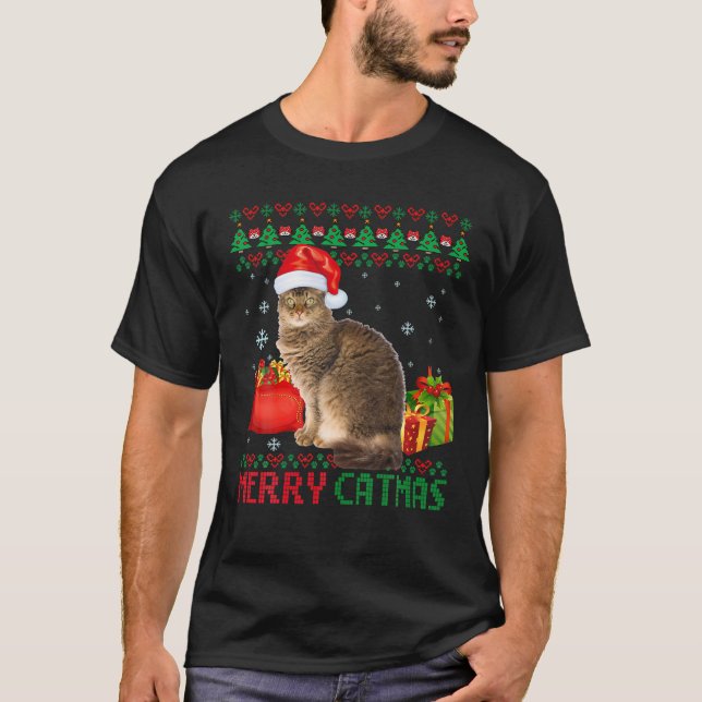 Merry Catmas Cat Ugly Christmas Laperm Cat Mom Dad T-Shirt (Front)