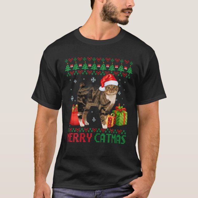 Merry Catmas Cat Ugly Christmas Manx Catt Mom Dad T-Shirt (Front)