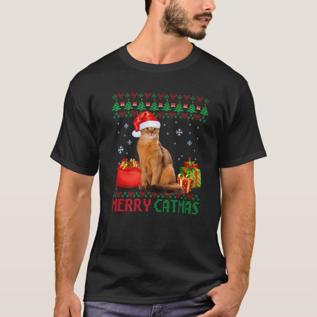 Merry Catmas Cat Ugly Christmas Somali Catt Mom Da T-Shirt (Front)