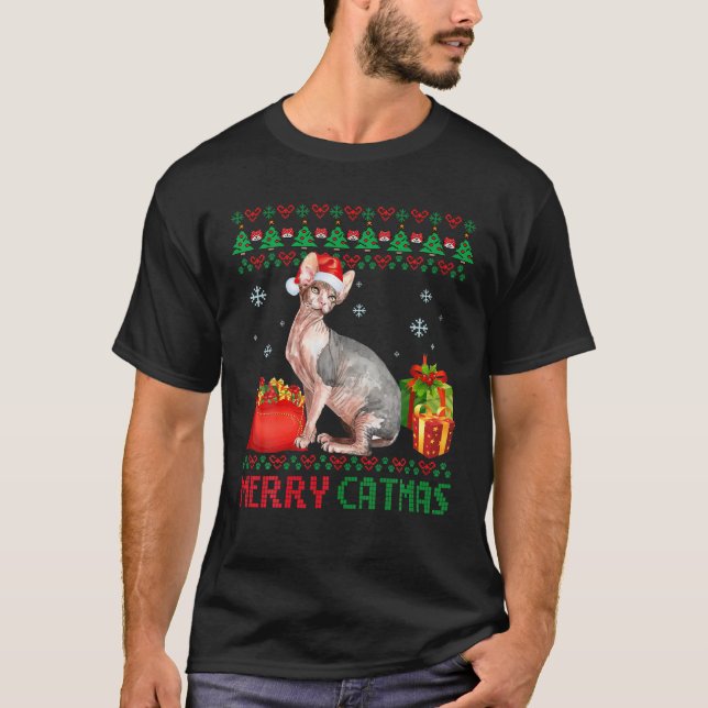 Merry Catmas Cat Ugly Christmas Sphynx Mom Dad T-Shirt (Front)