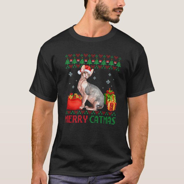 Merry Catmas Cat Ugly Christmas Sphynx Mom Dad T-Shirt (Front)