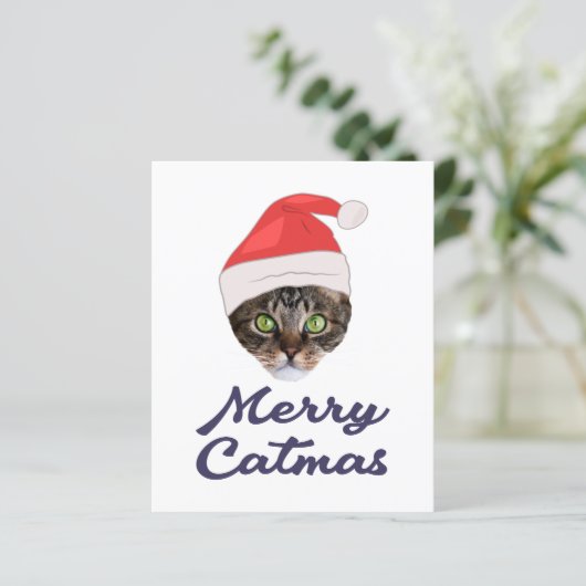 Merry Catmas, Christmas Cat Santa hat Invitation (Standing Front)