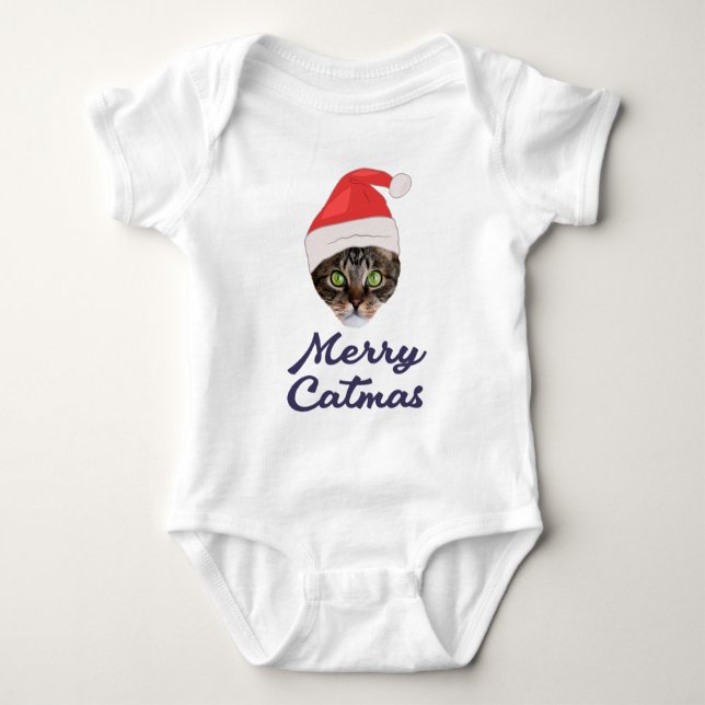 Merry Catmas, Christmas Cat Santa hat Invitation Baby Bodysuit (Front)