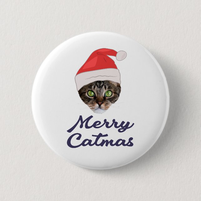 Merry Catmas, Christmas Cat Santa hat Invitation Button (Front)