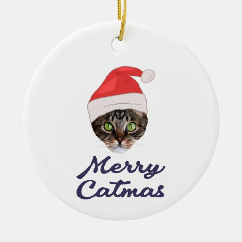 Merry Catmas Christmas Cat Santa hat Invitation Ceramic Ornament