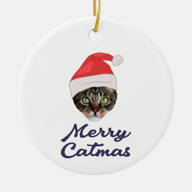 Merry Catmas, Christmas Cat Santa hat Invitation Ceramic Ornament (Front)