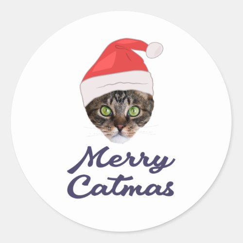 Merry Catmas Christmas Cat Santa hat Invitation Classic Round Sticker