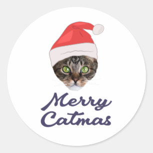 Merry Catmas, Christmas Cat Santa hat Invitation Classic Round Sticker