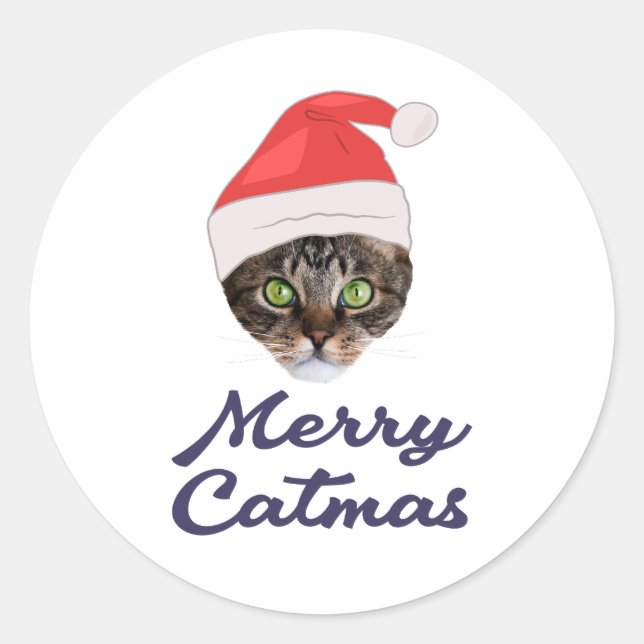 Merry Catmas, Christmas Cat Santa hat Invitation Classic Round Sticker (Front)