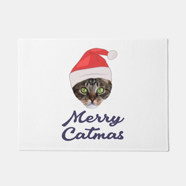 Merry Catmas, Christmas Cat Santa hat Invitation Doormat (Front)