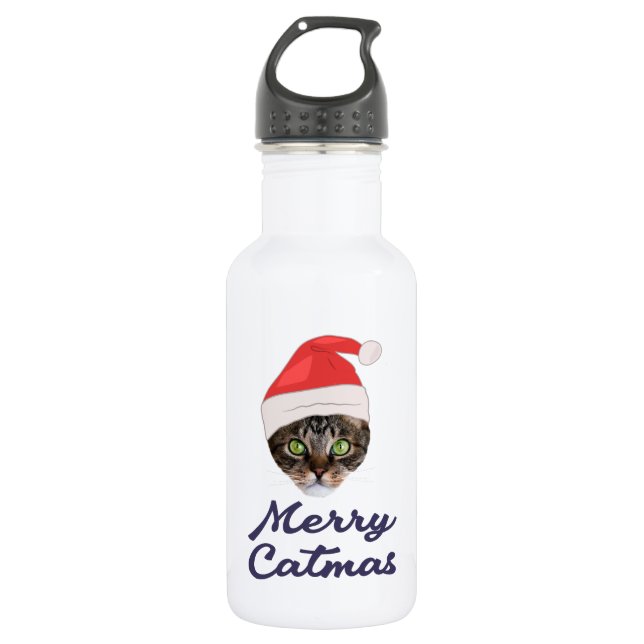 Merry Catmas, Christmas Cat Santa hat Invitation M Stainless Steel Water Bottle (Front)