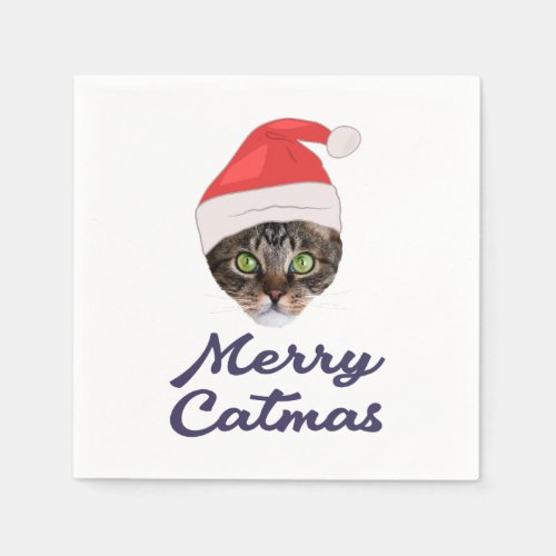 Merry Catmas Christmas Cat Santa hat Invitation Napkins