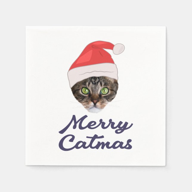 Merry Catmas, Christmas Cat Santa hat Invitation Napkins (Front)