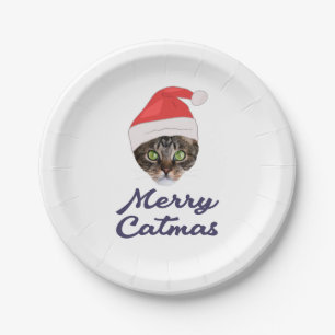 Merry Catmas, Christmas Cat Santa hat Invitation Paper Plates