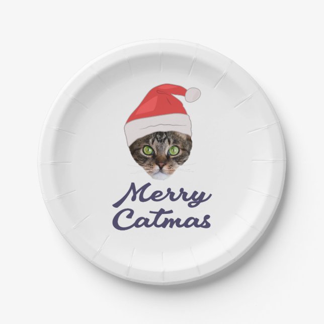 Merry Catmas, Christmas Cat Santa hat Invitation Paper Plates (Front)