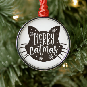 Merry Catmas Christmas Cute Cat Silhouette Metal Ornament