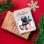 Merry catmas Christmas greetings for cat people Po Postcard<br><div class="desc">Merry catmas Christmas greeting postcard for cat people,  cute green eyed black cat inside gift box Christmas tree,  Christmas postcard for cat lovers.</div>