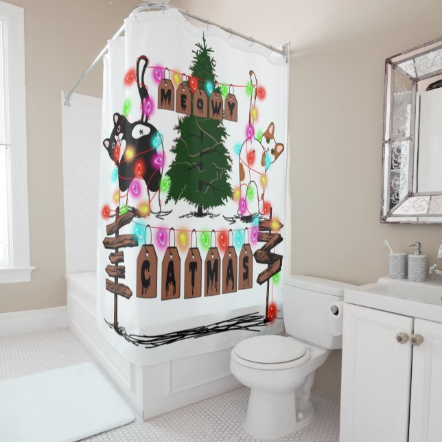 MERRY CATMAS, Cute Cat Christmas Gift, X-mas Cat Shower Curtain (In Situ)