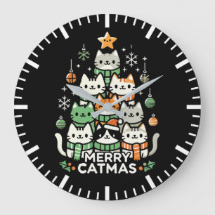 Merry Catmas Cute Cat Christmas Tree Holiday Large Clock