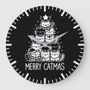 Merry Catmas Cute Cat Christmas Tree Holiday Large Clock