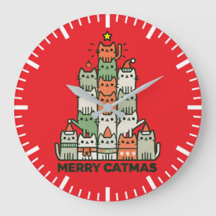 Merry Catmas Cute Cat Christmas Tree Holiday Large Clock