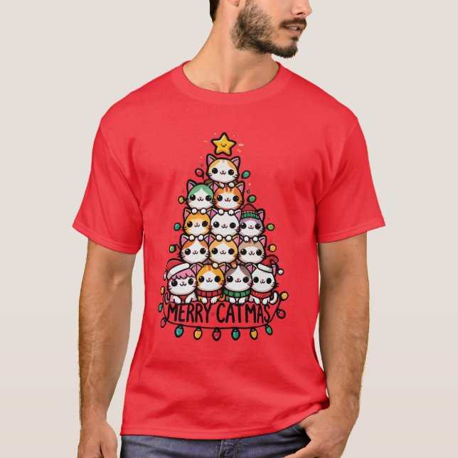 Merry Catmas Cute Cat Christmas Tree Holiday T-Shirt (Front)