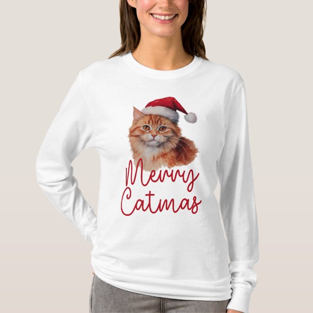 Merry Catmas Cute Christmas Cat Womens Long Sleeve T-Shirt (Front)