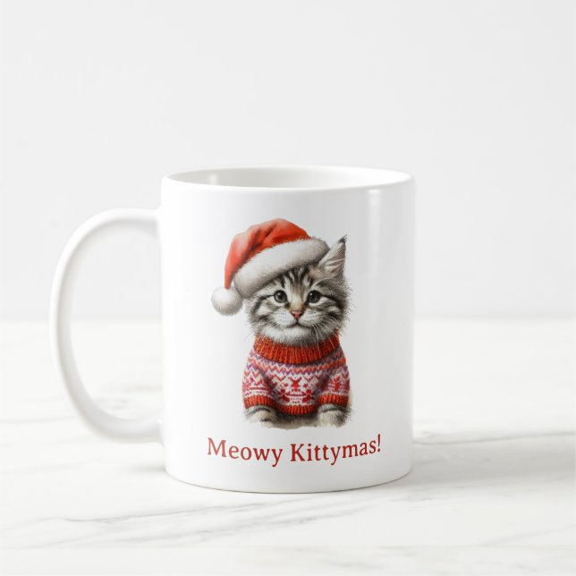 Merry Catmas Cute Tabby Kitten Santa Xmas Coffee Mug (Left)